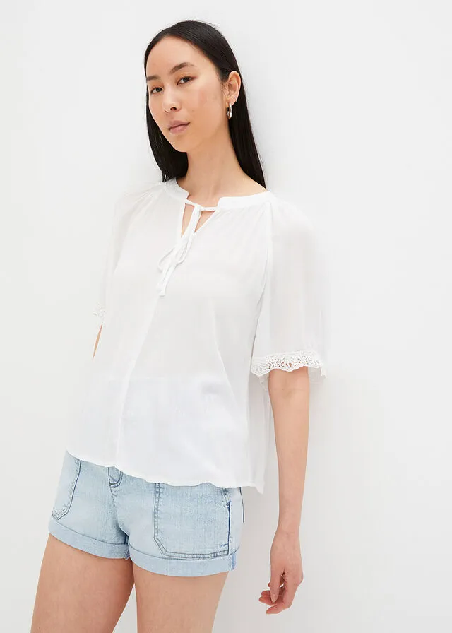 Blusa con encaje de viscosa sostenible Blanco