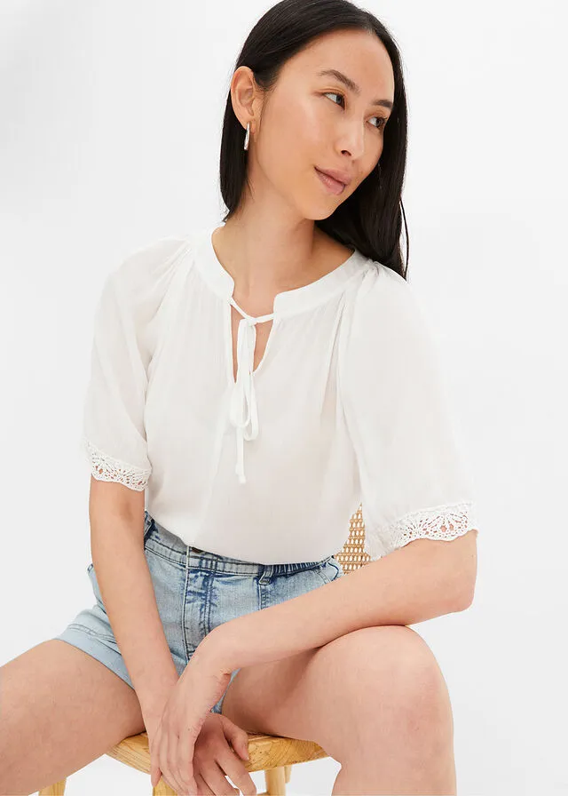 Blusa con encaje de viscosa sostenible Blanco