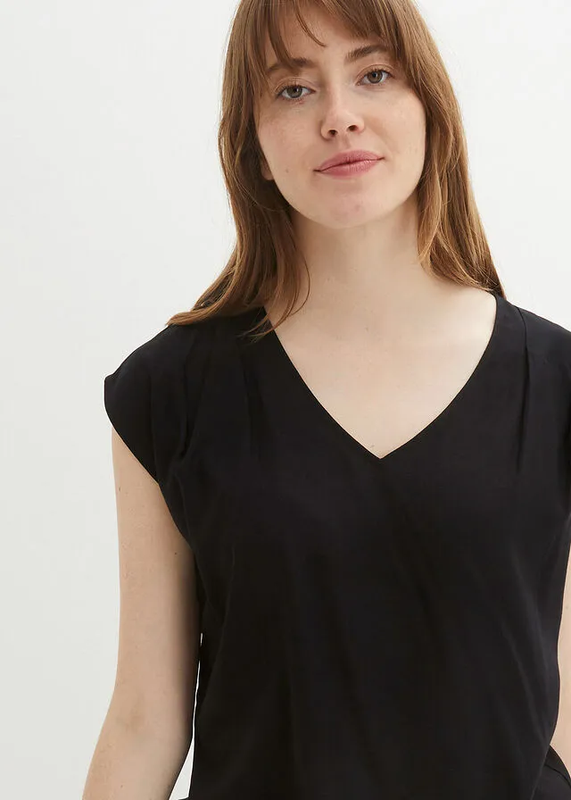 Blusa de manga corta con escote en V Negro