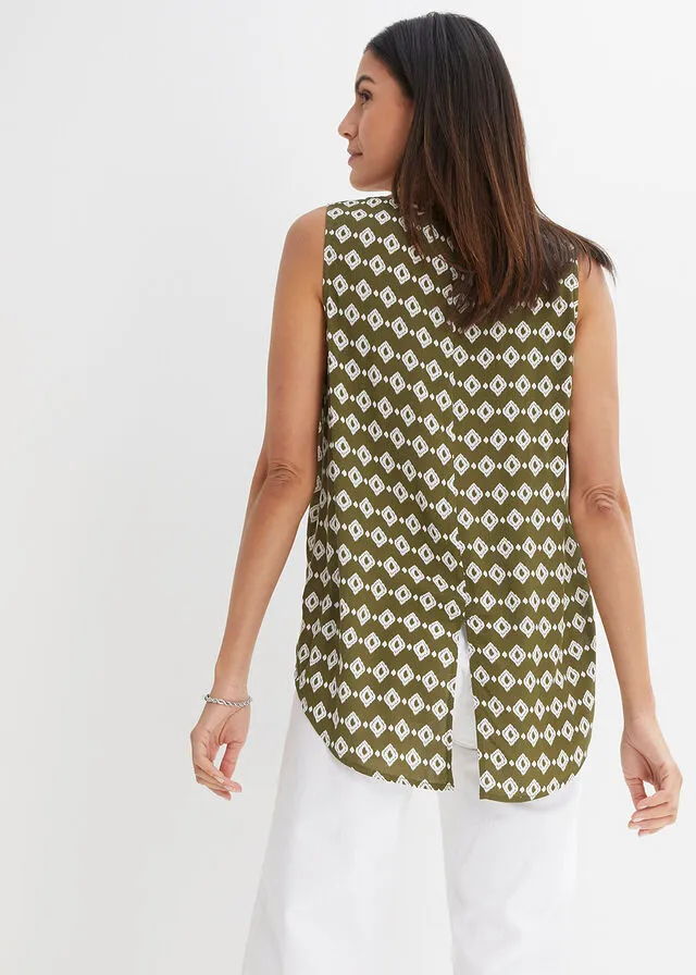 Blusa de viscosa Verde caqui oscuro-blanco estampado