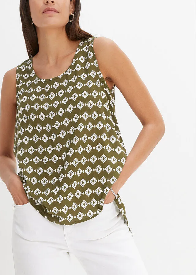 Blusa de viscosa Verde caqui oscuro-blanco estampado