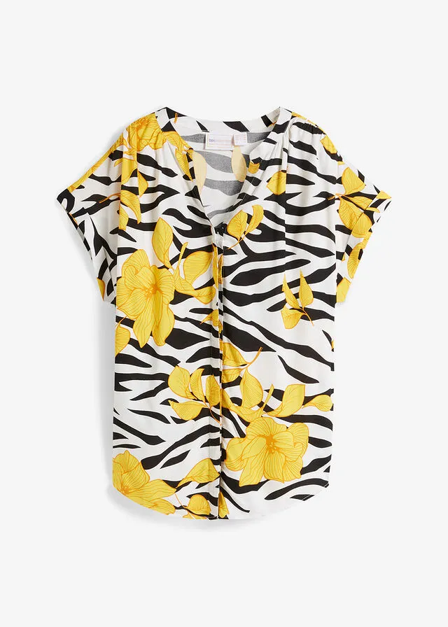 Blusa estampada de viscosa Negro-blanco-amarillo estampado