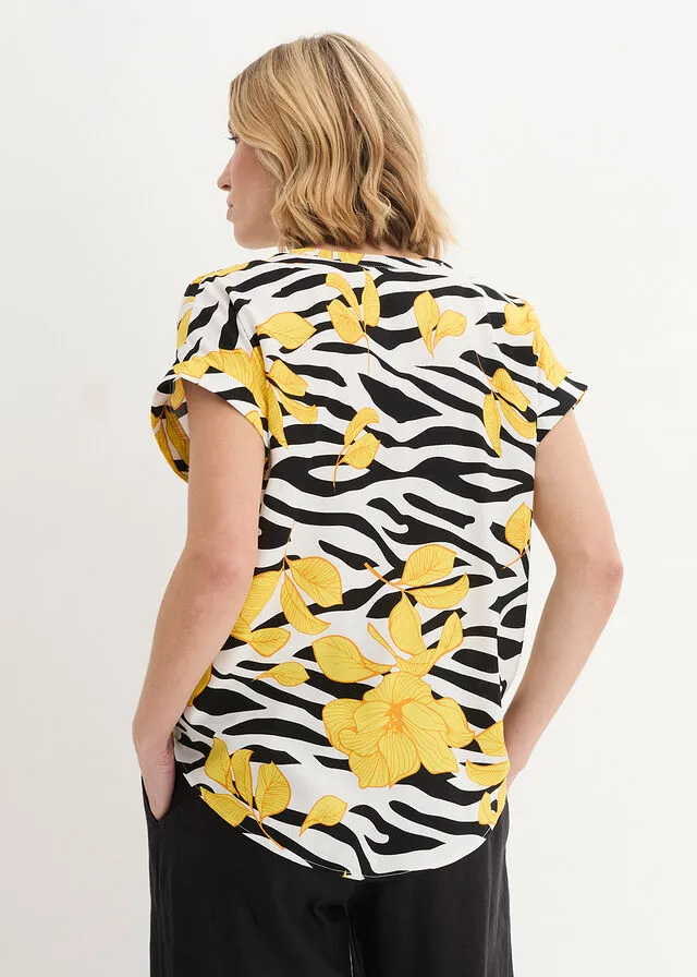 Blusa estampada de viscosa Negro-blanco-amarillo estampado