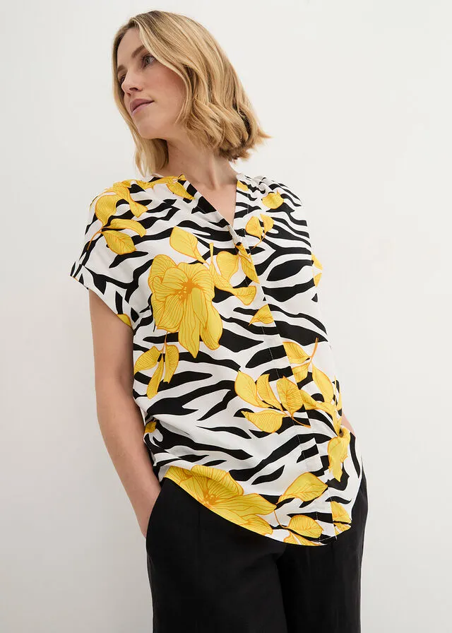 Blusa estampada de viscosa Negro-blanco-amarillo estampado