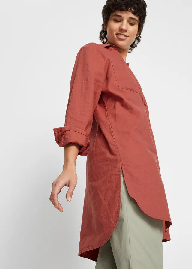 Blusa larga con contenido de lino marrón marsala