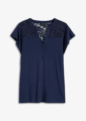 Camiseta con cuello henley y encaje de viscosa sostenible Azul oscuro