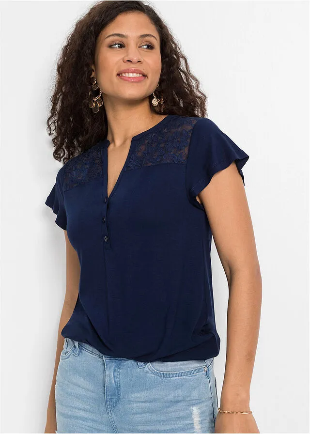 Camiseta con cuello henley y encaje de viscosa sostenible Azul oscuro