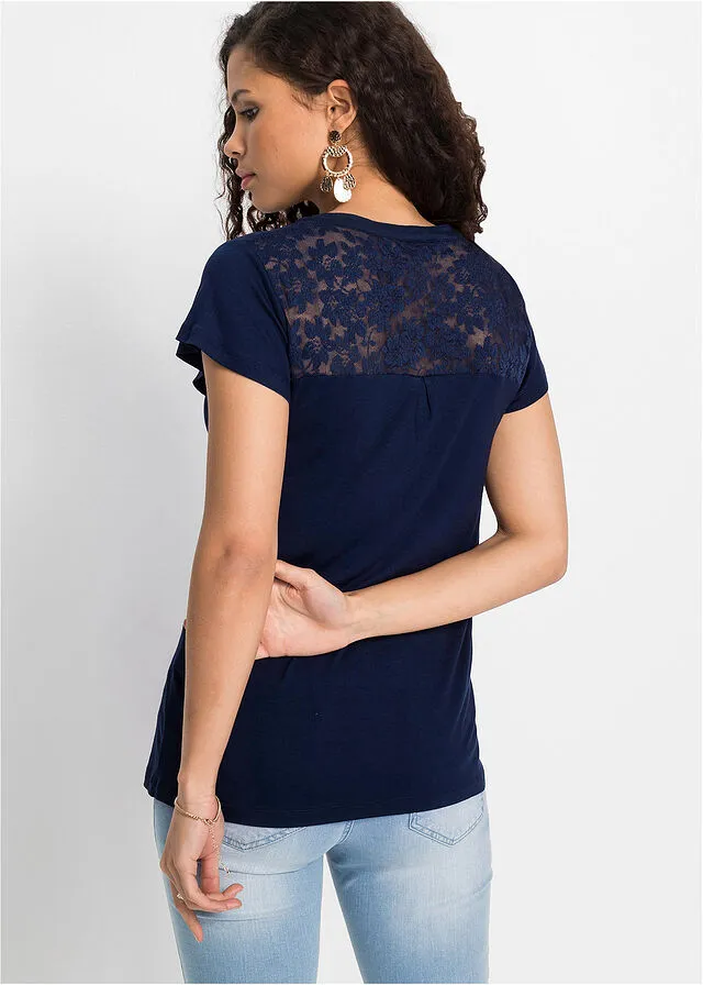 Camiseta con cuello henley y encaje de viscosa sostenible Azul oscuro