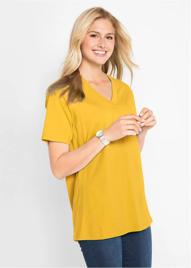 Camiseta larga y ancha con cuello en V (5 unidades), de manga corta amarillo canario+menta suave+albaricoque+negro+blanco