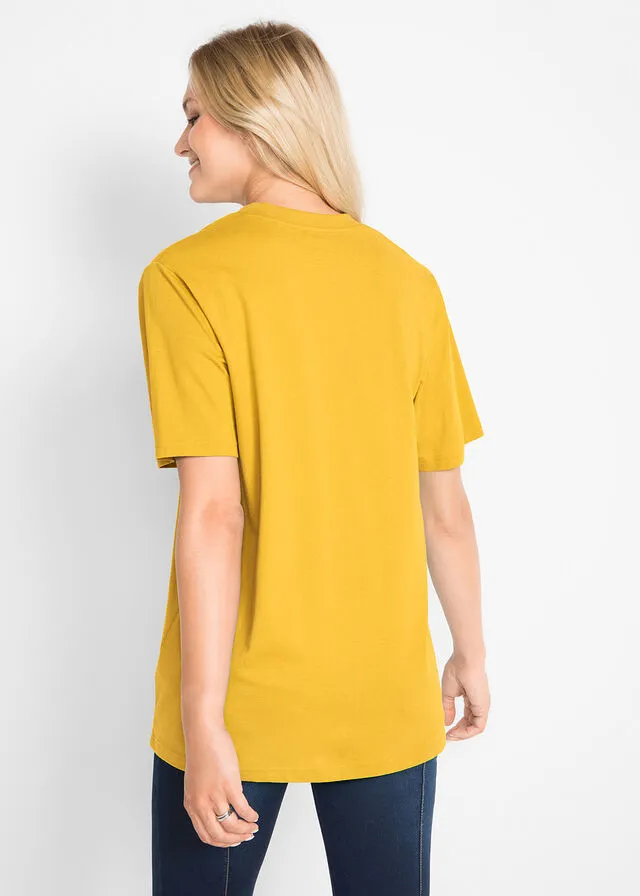 Camiseta larga y ancha con cuello en V (5 unidades), de manga corta amarillo canario+menta suave+albaricoque+negro+blanco