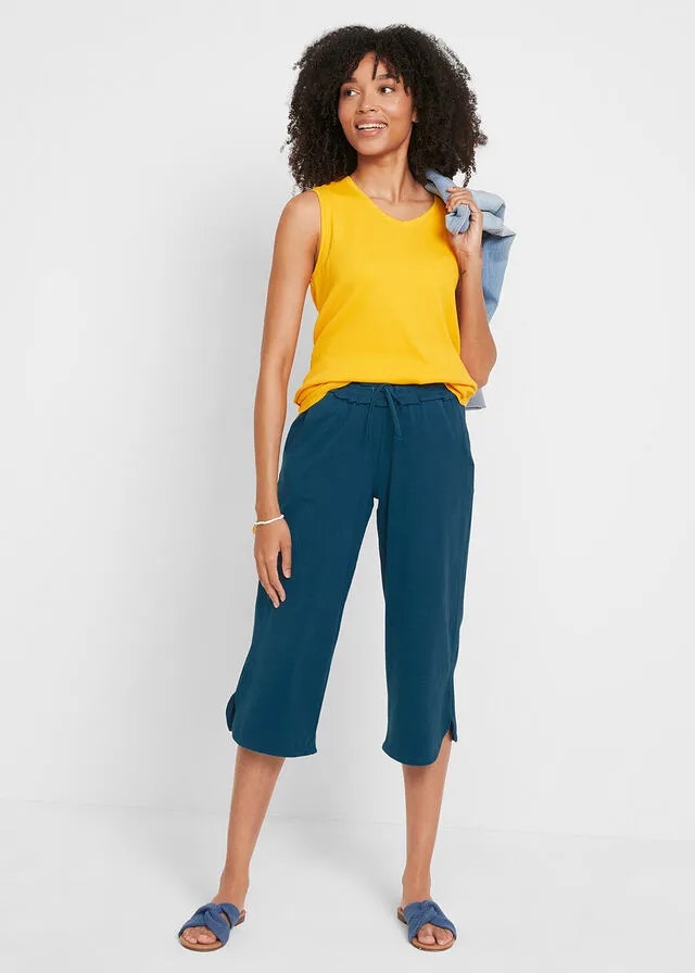 Culotte ancho de punto con largo capri y cintura cómoda Azul petróleo