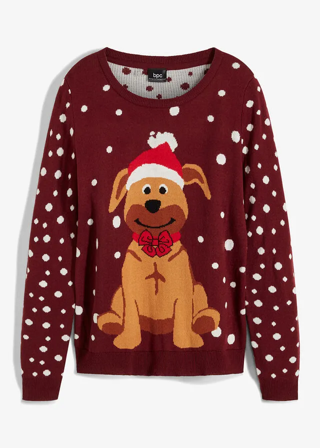 Jersey de punto fino con motivo navideño rojo avellana