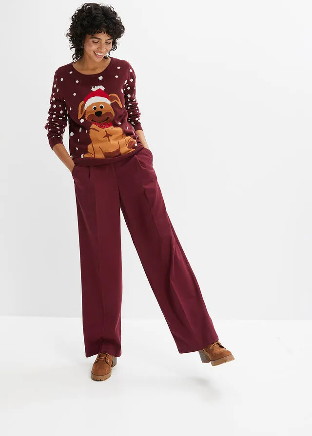 Jersey de punto fino con motivo navideño rojo avellana