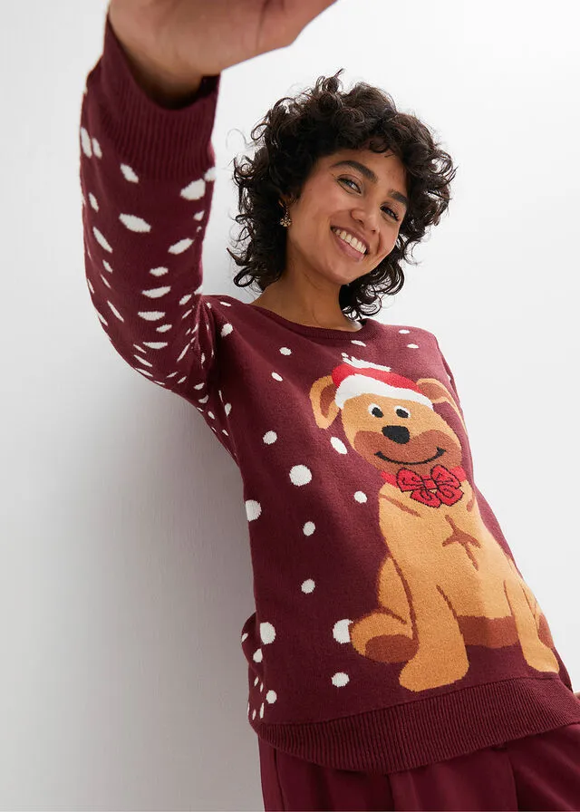 Jersey de punto fino con motivo navideño rojo avellana