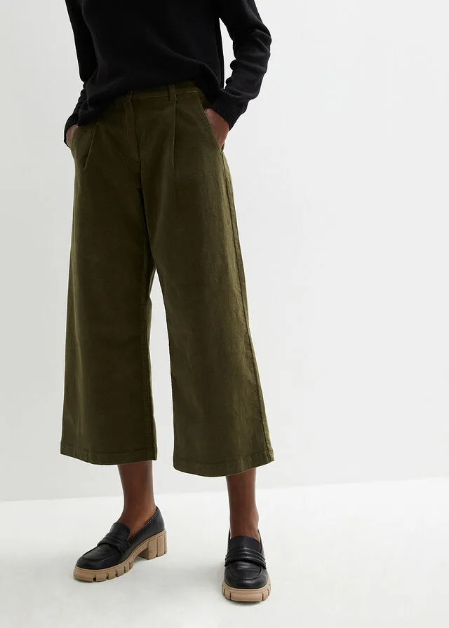 Pantalón ancho de pana elástica con cintura cómoda high waist, largo 7/8 Verde oliva oscuro