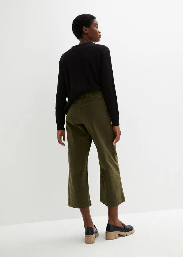 Pantalón ancho de pana elástica con cintura cómoda high waist, largo 7/8 Verde oliva oscuro