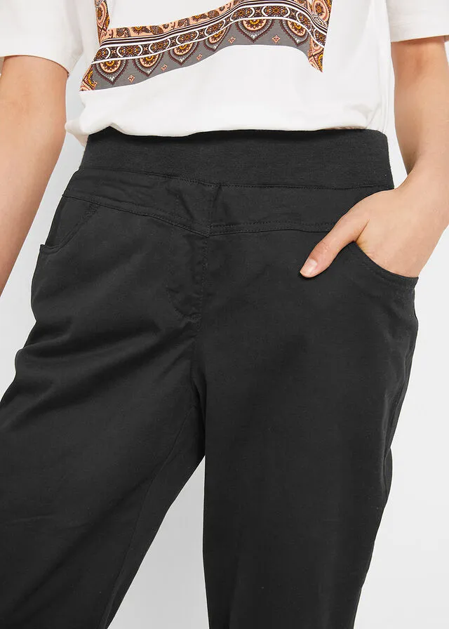 Pantalón capri de algodón con cintura cómoda y fruncido Negro