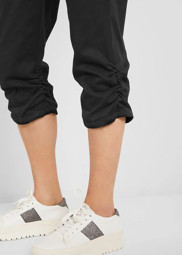 Pantalón capri de algodón con cintura cómoda y fruncido Negro