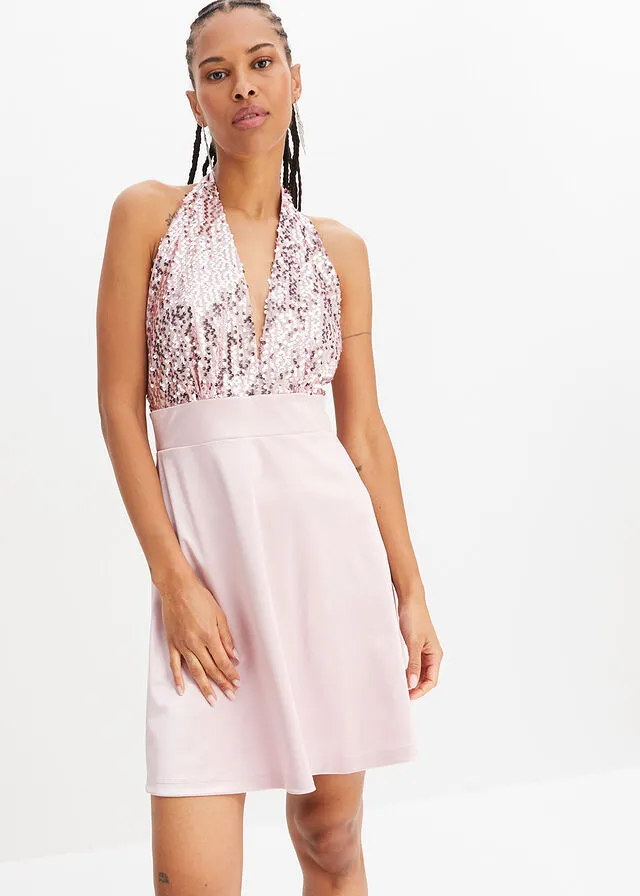 Vestido de cuello halter con lentejuelas rosa cristal